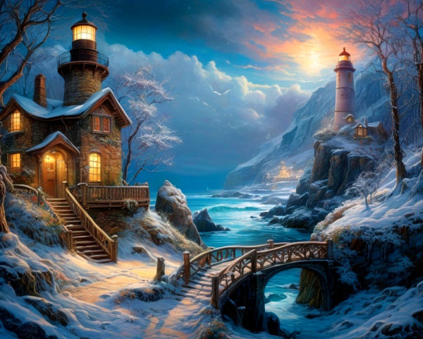 Cozy Lighthouse in a Serene Winter Landscape