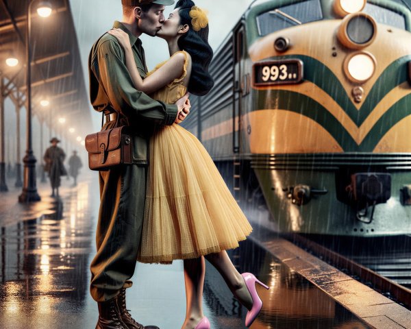 Soldier and Woman Embrace in Rain at Train Station