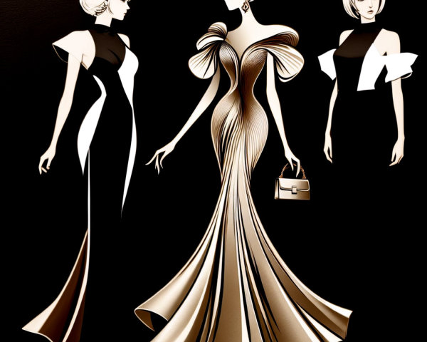 Elegant Fashion Illustration of Three Female Figures