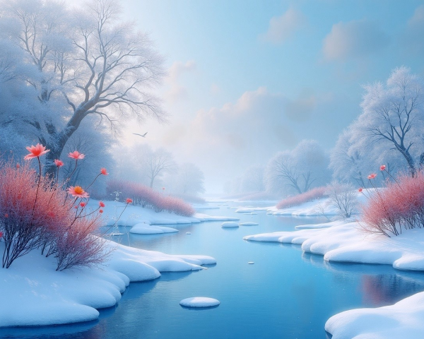 Serene winter landscape with flowing river and flowers