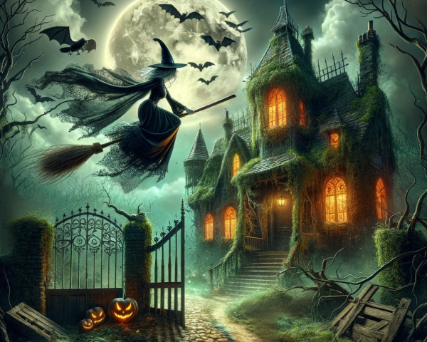 Enchanted Night Scene with Witch and Haunted Mansion