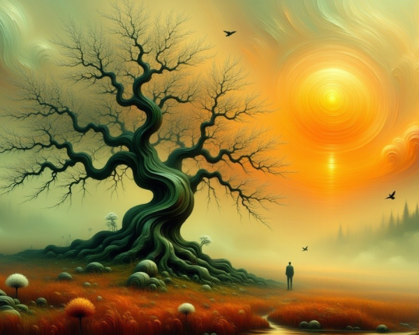 Surreal Landscape with Gnarled Tree and Sunset Sky