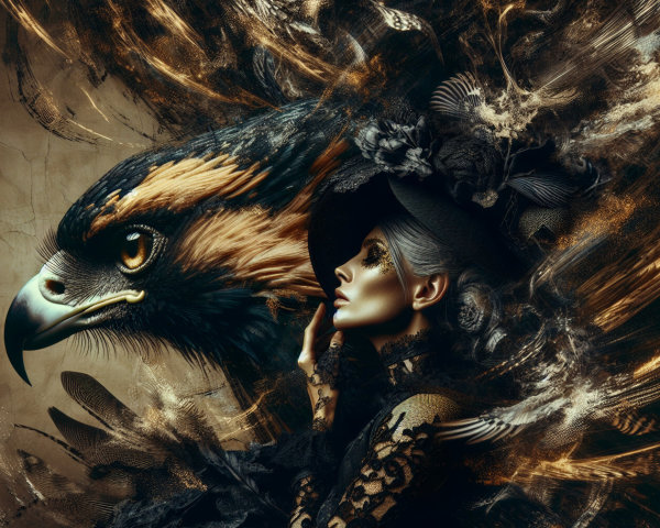 Regal Woman in Black Lace with Majestic Eagle