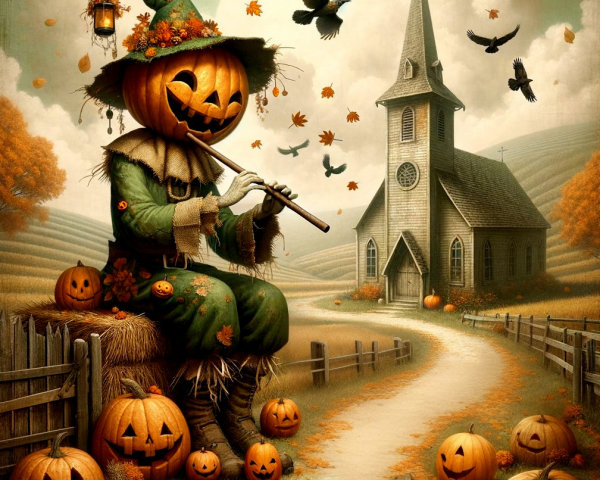 Whimsical Scarecrow with Pumpkin Head in Autumn Scene