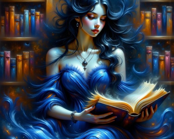 Mystical library scene with a young woman reading