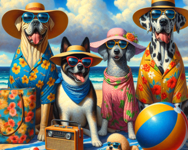 Dogs in Colorful Summer Attire at the Beach
