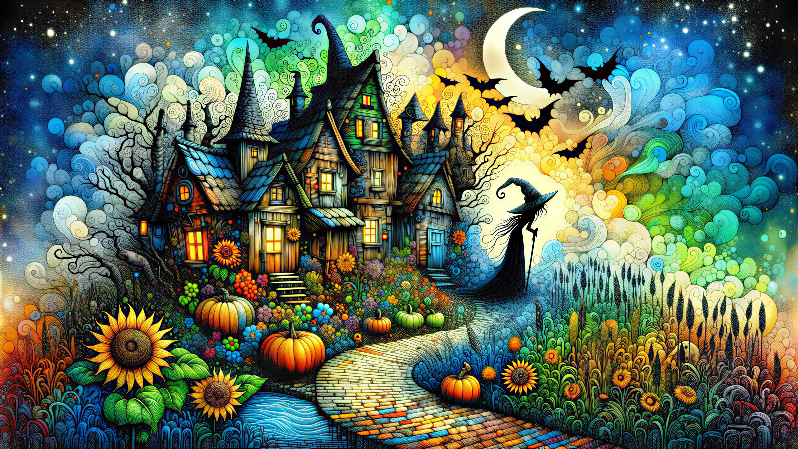 Whimsical Landscape with Crooked House and Garden