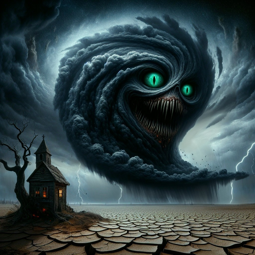 Monstrous cloud formation over desolate landscape with cabin