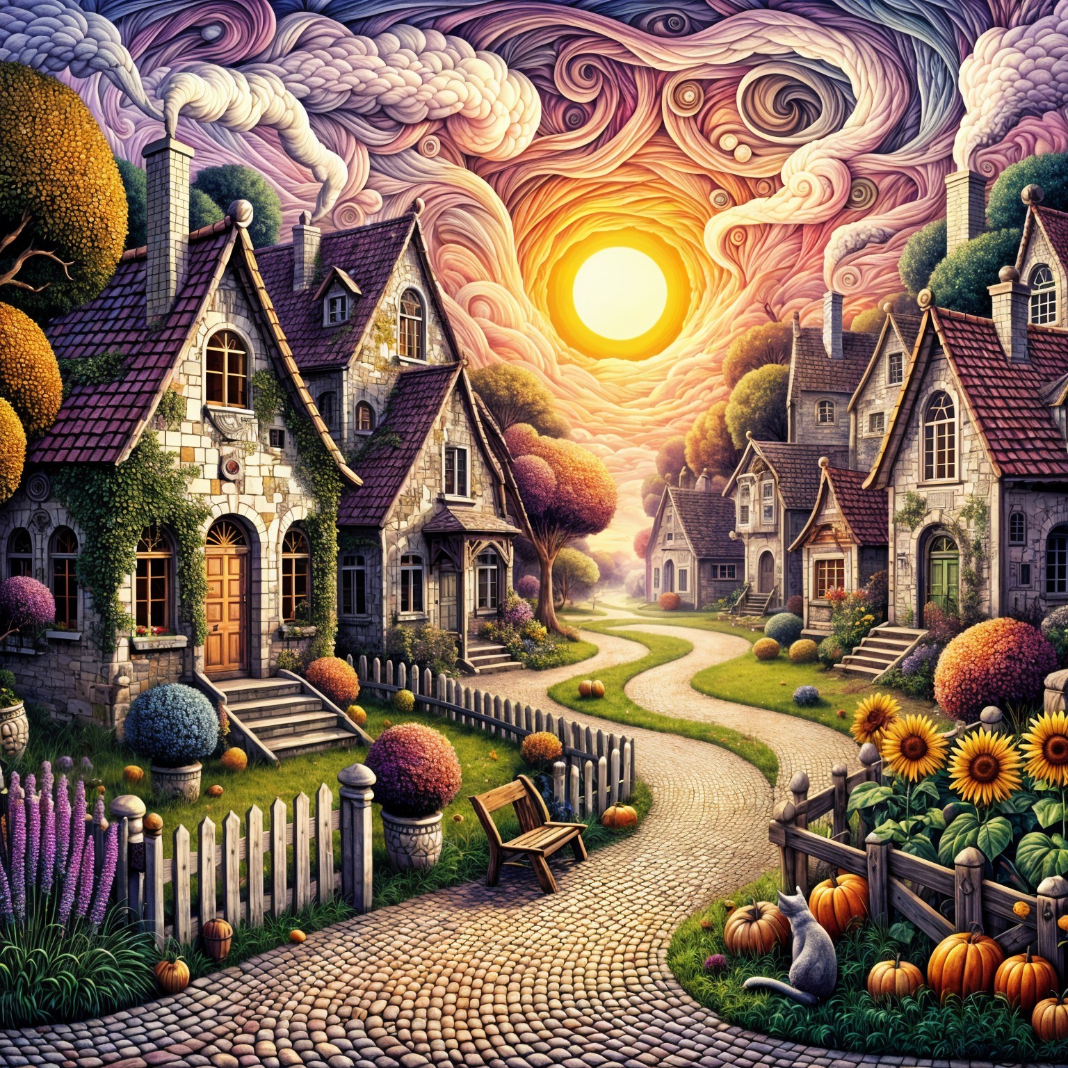 Charming Village Scene with Cottages and Gardens