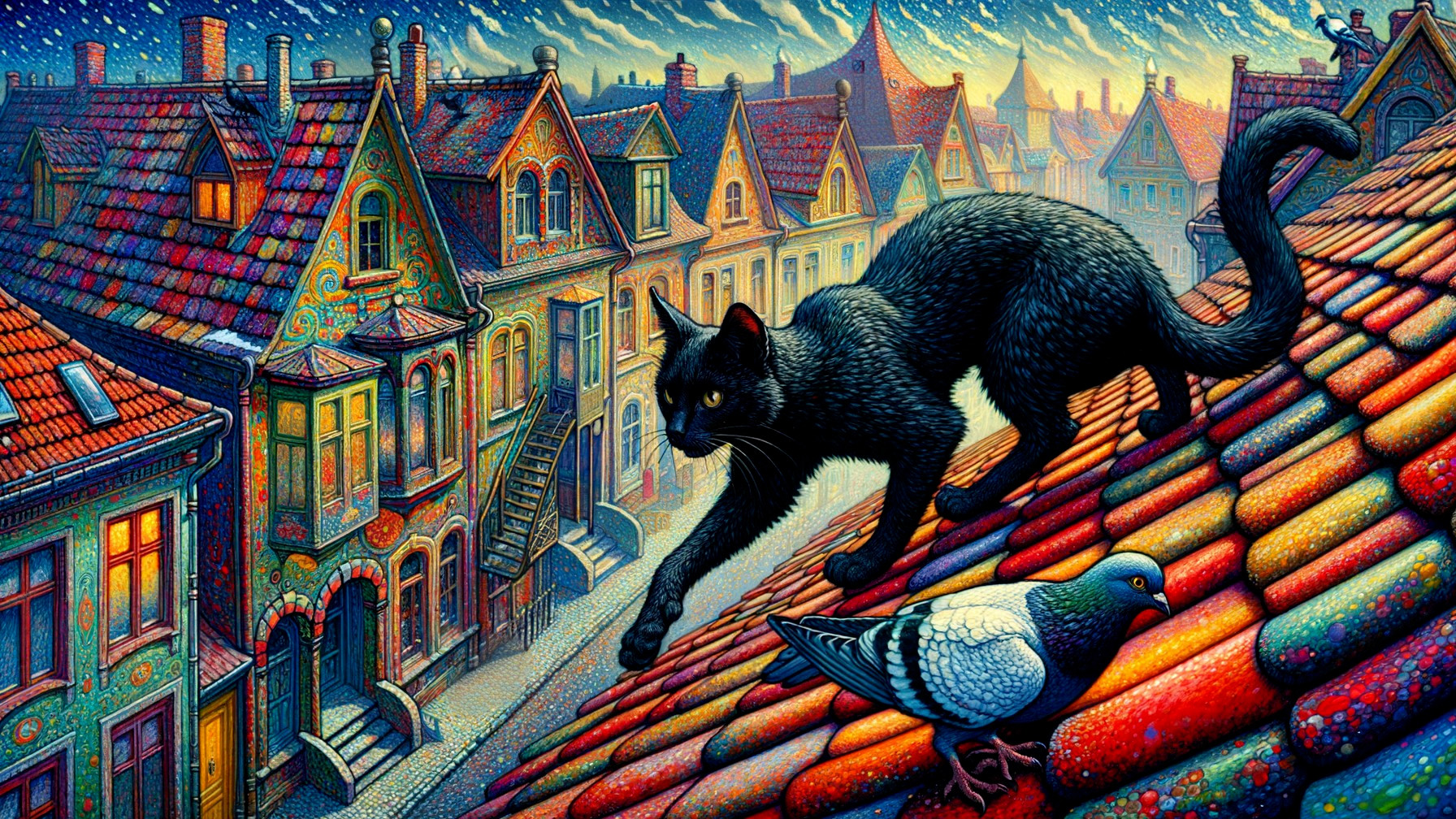 Black Cat on Colorful Village Rooftops at Twilight