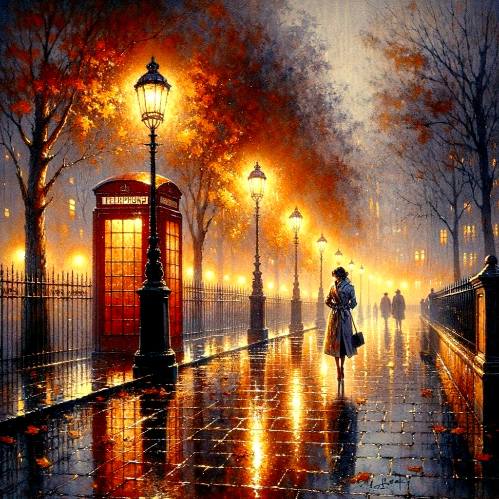Misty Evening Scene with Autumn Leaves and Telephone Booth