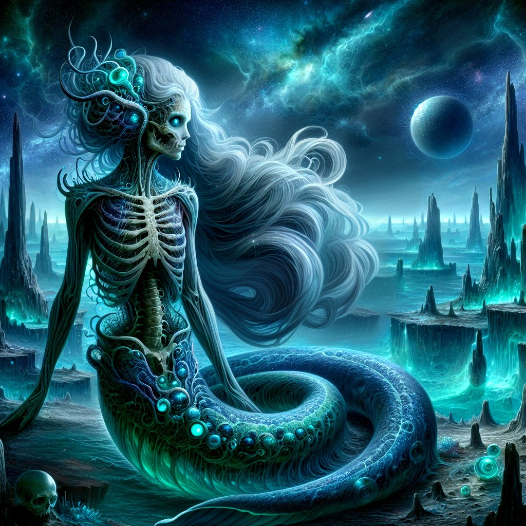Haunting Mermaid with Cosmic Background and Skulls