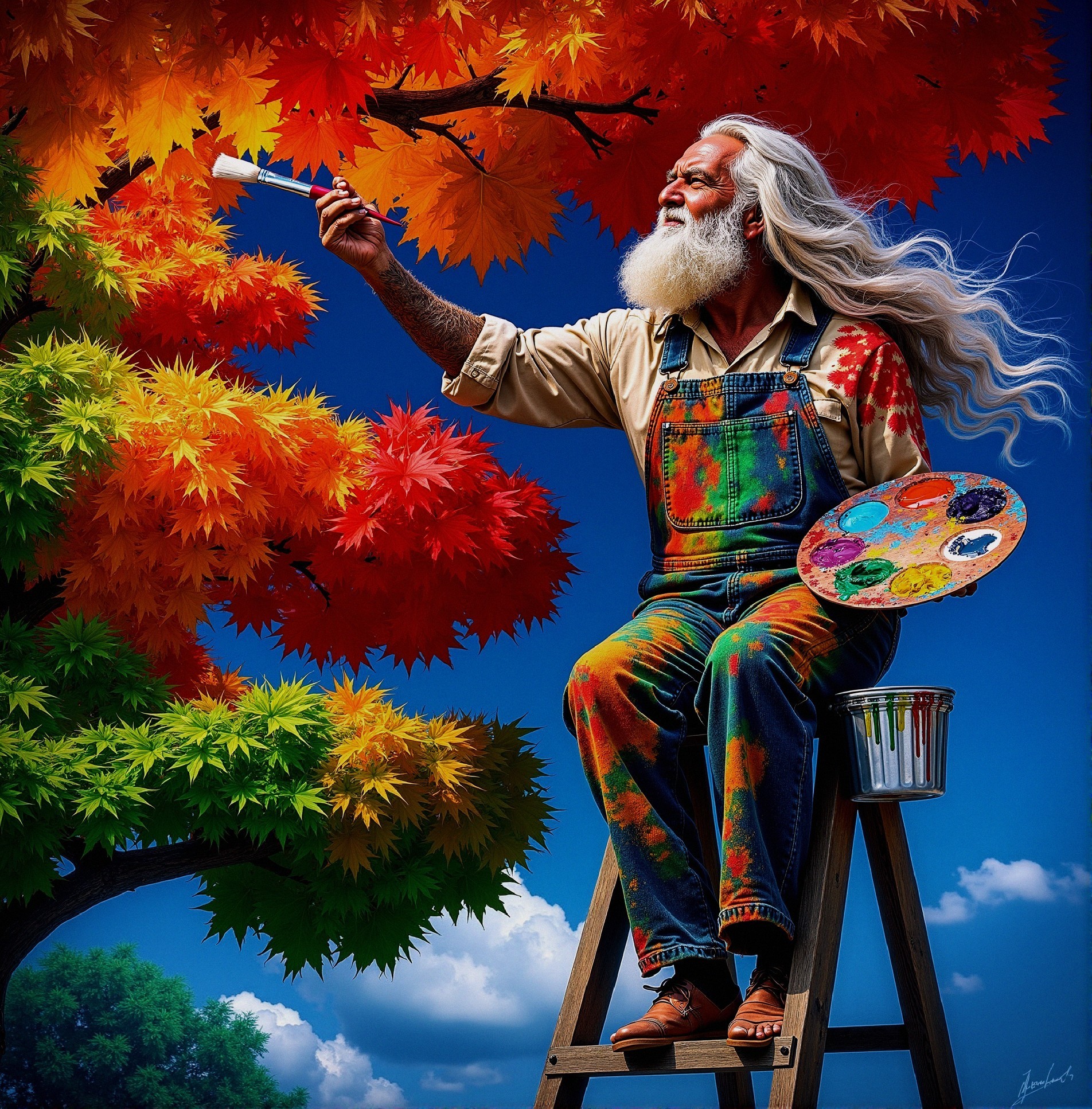 Elderly Man Painting Autumn Leaves on a Tree