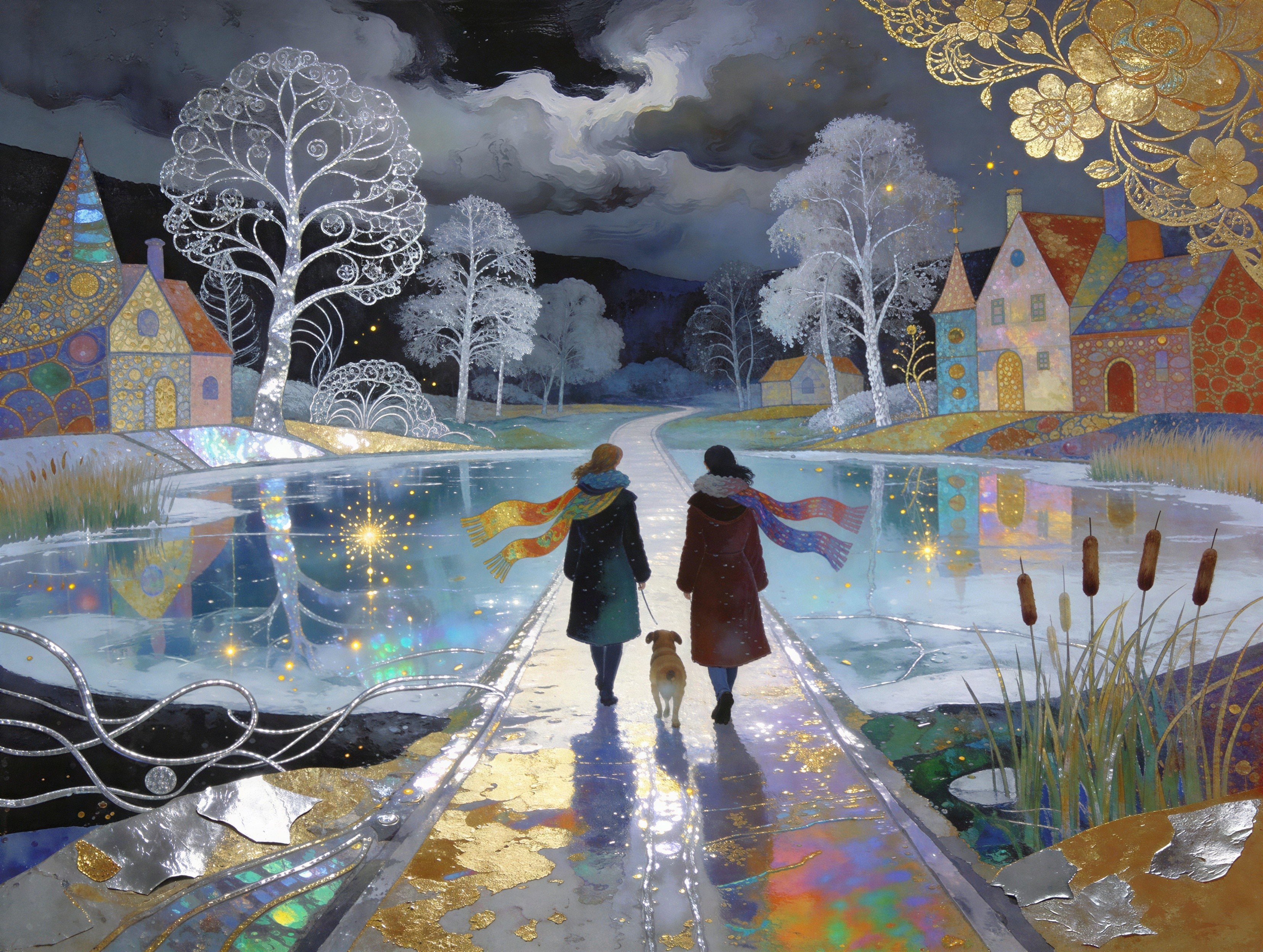 Nighttime Walk on a Reflective Path with Two Figures