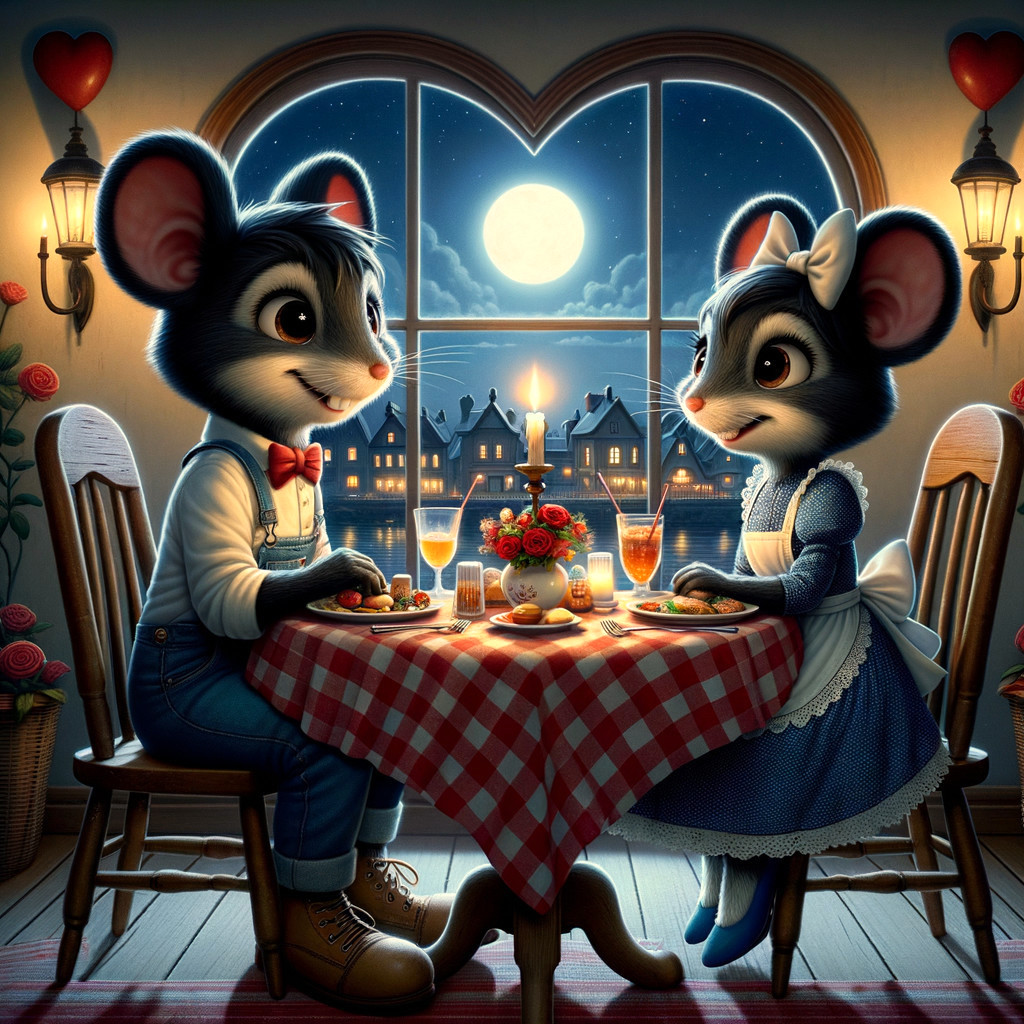 Anthropomorphic mice dining by candlelight in a village