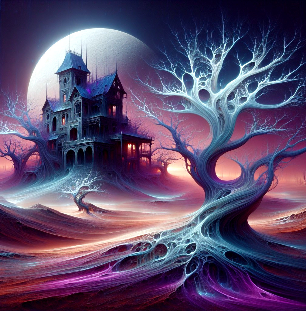Surreal Landscape with Eerie Mansion and Moonlight