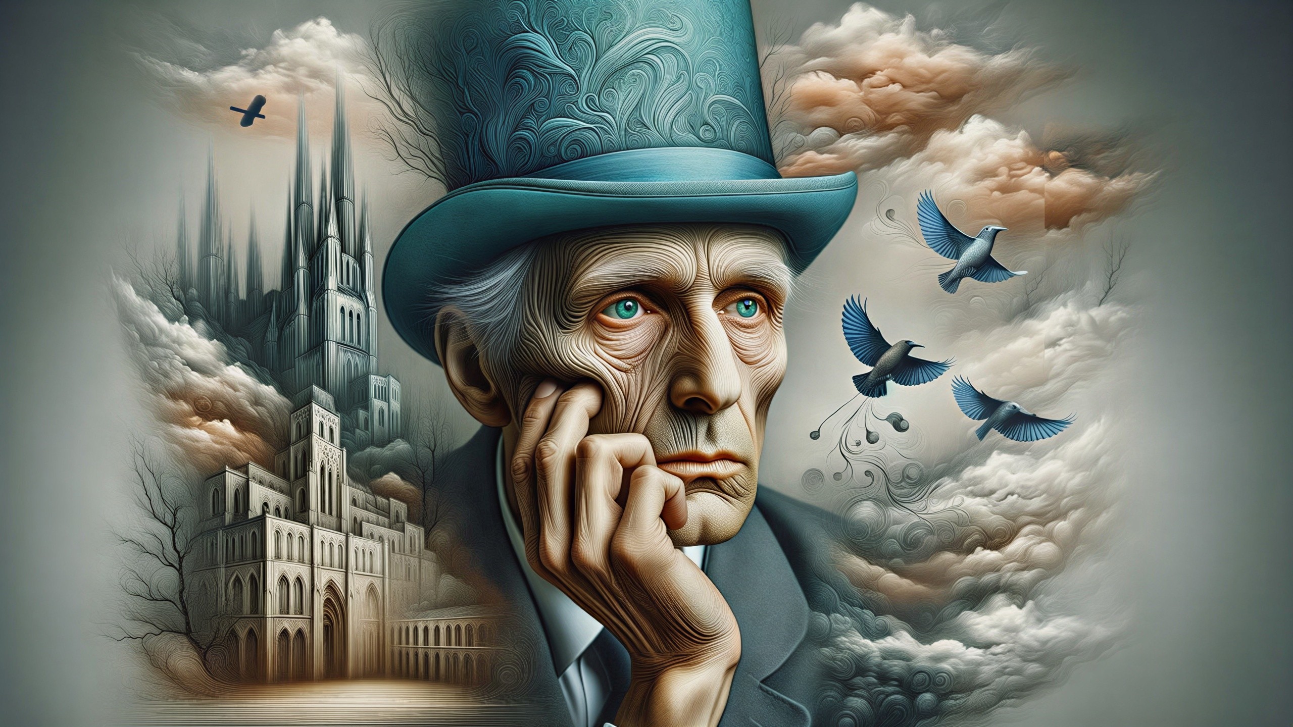 Older man in top hat with blue eyes in surreal landscape