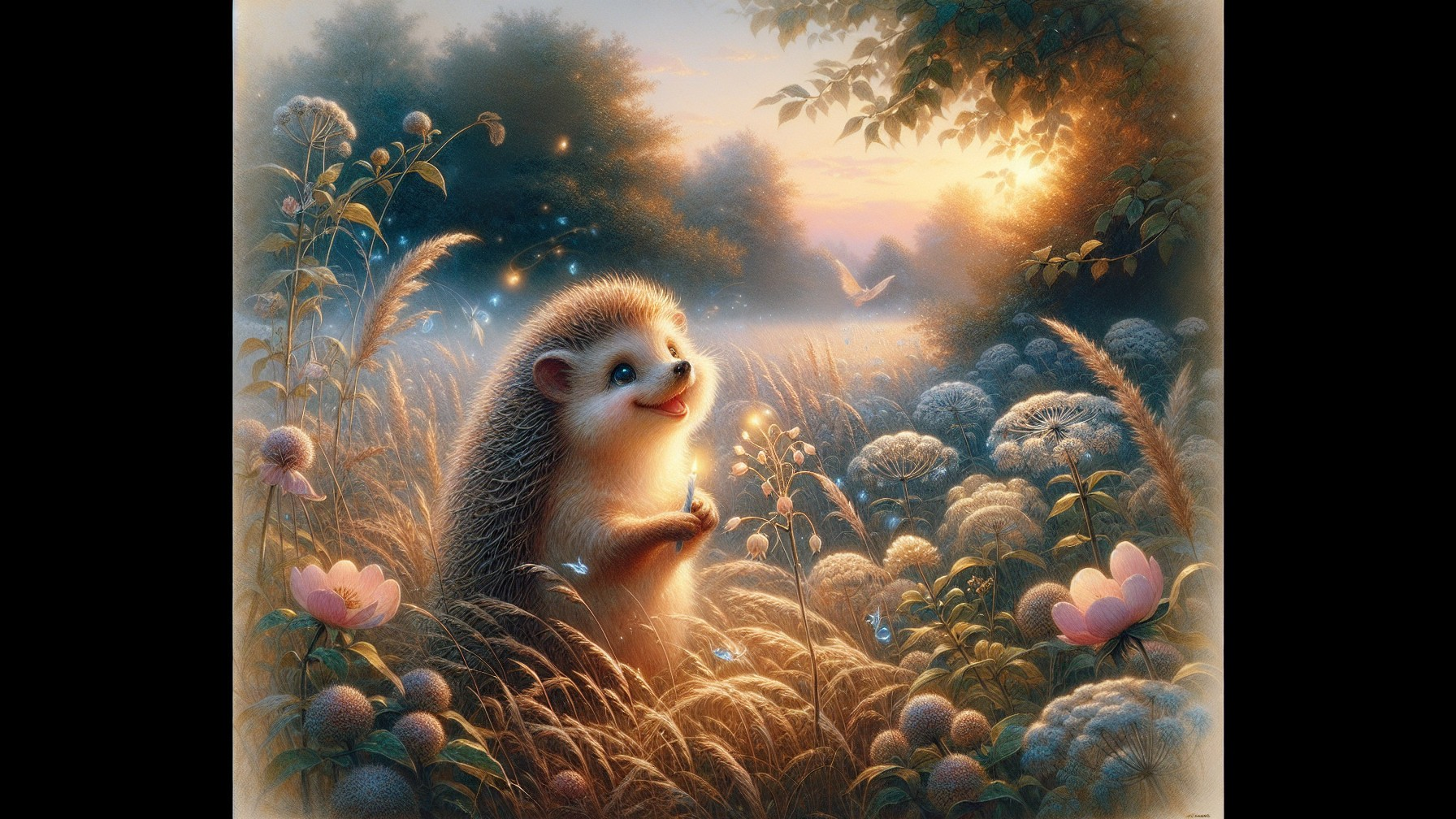 Whimsical Forest Scene with Hedgehog and Wildflowers