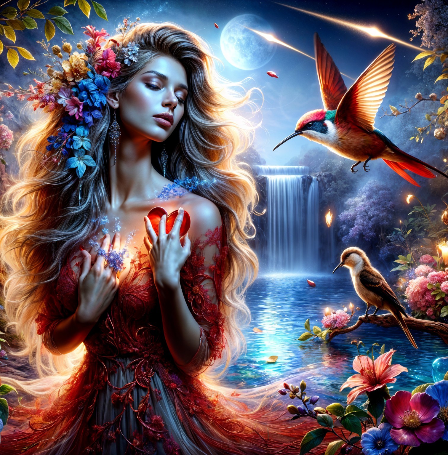 Serene Woman Holding Glowing Heart in Mystical Setting