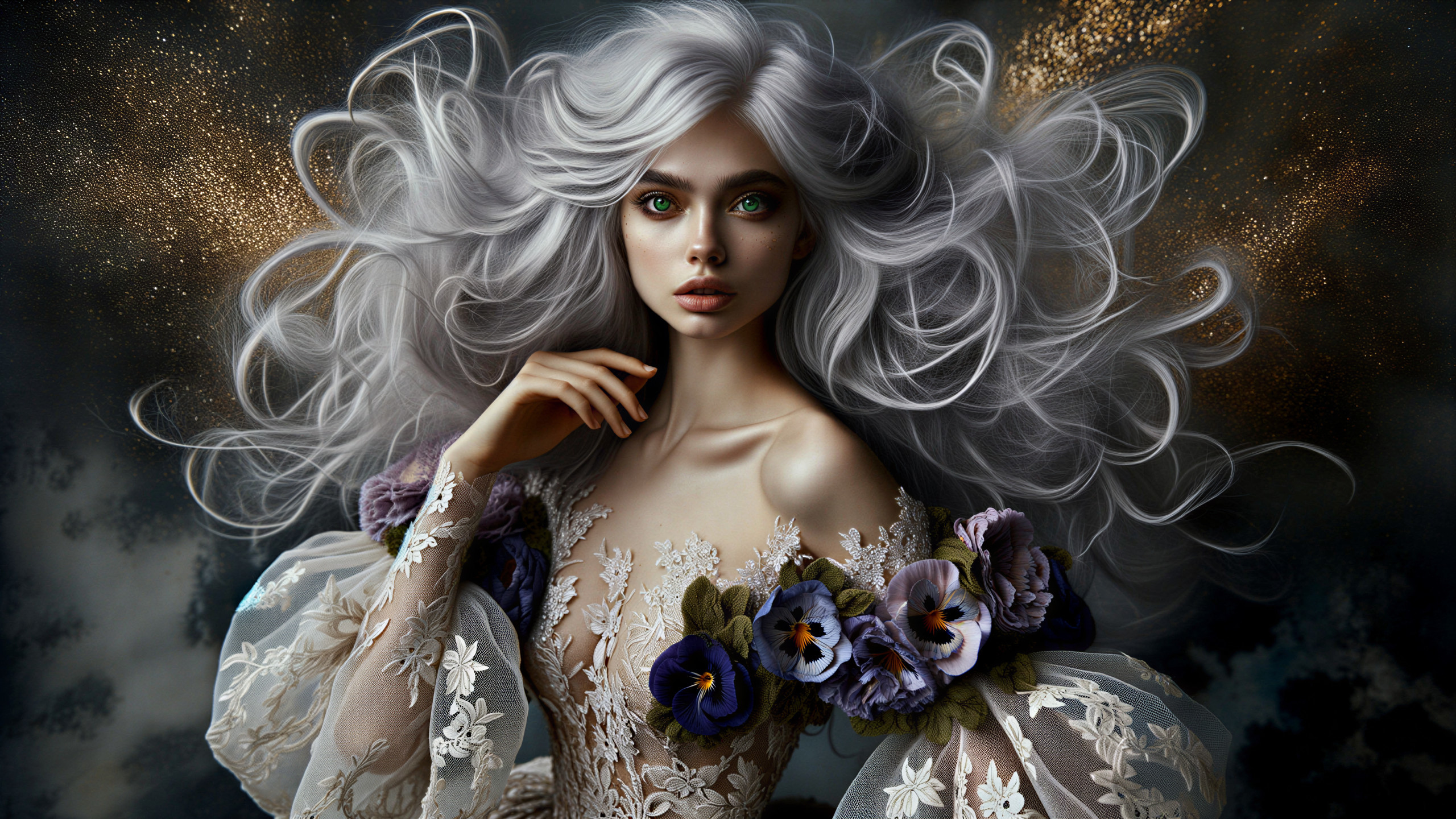 Ethereal figure with silver hair and floral attire