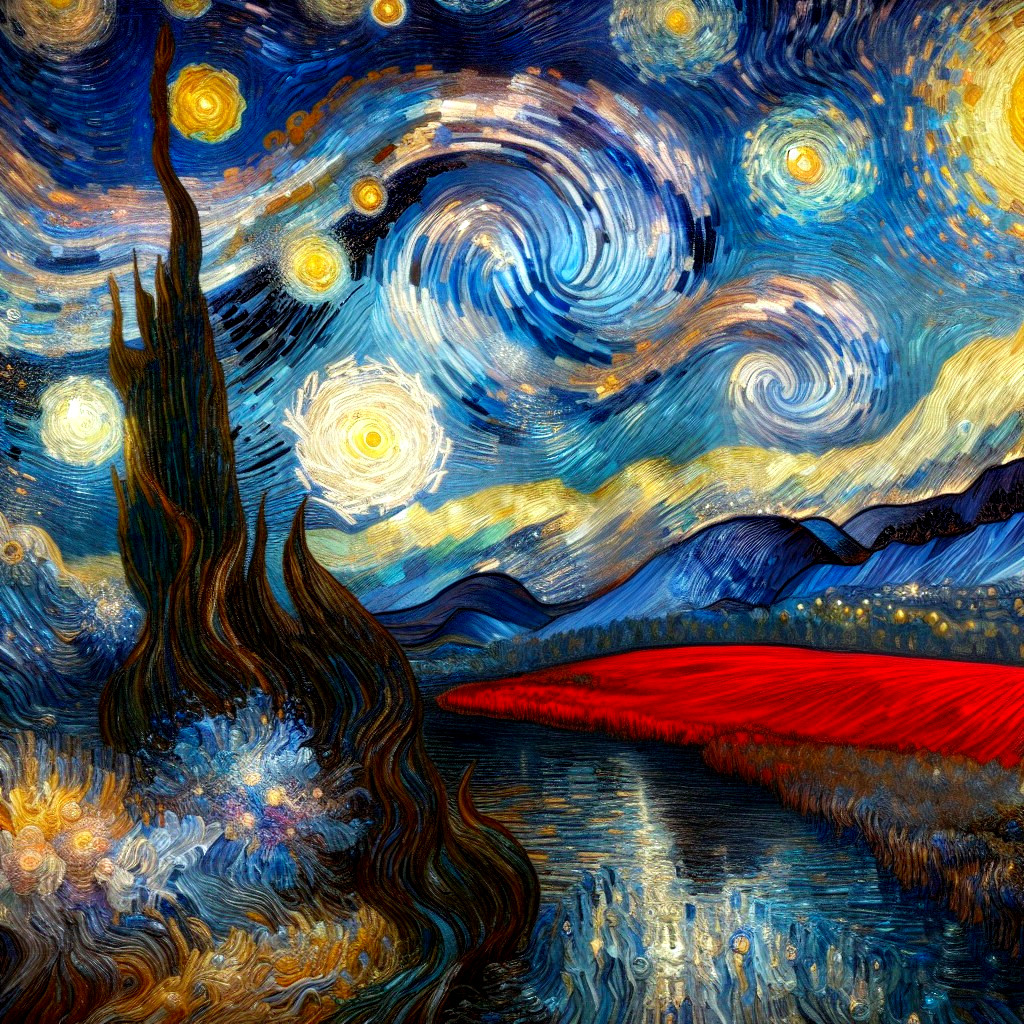 Vibrant Night Sky with Crescent Moon and Reflecting River