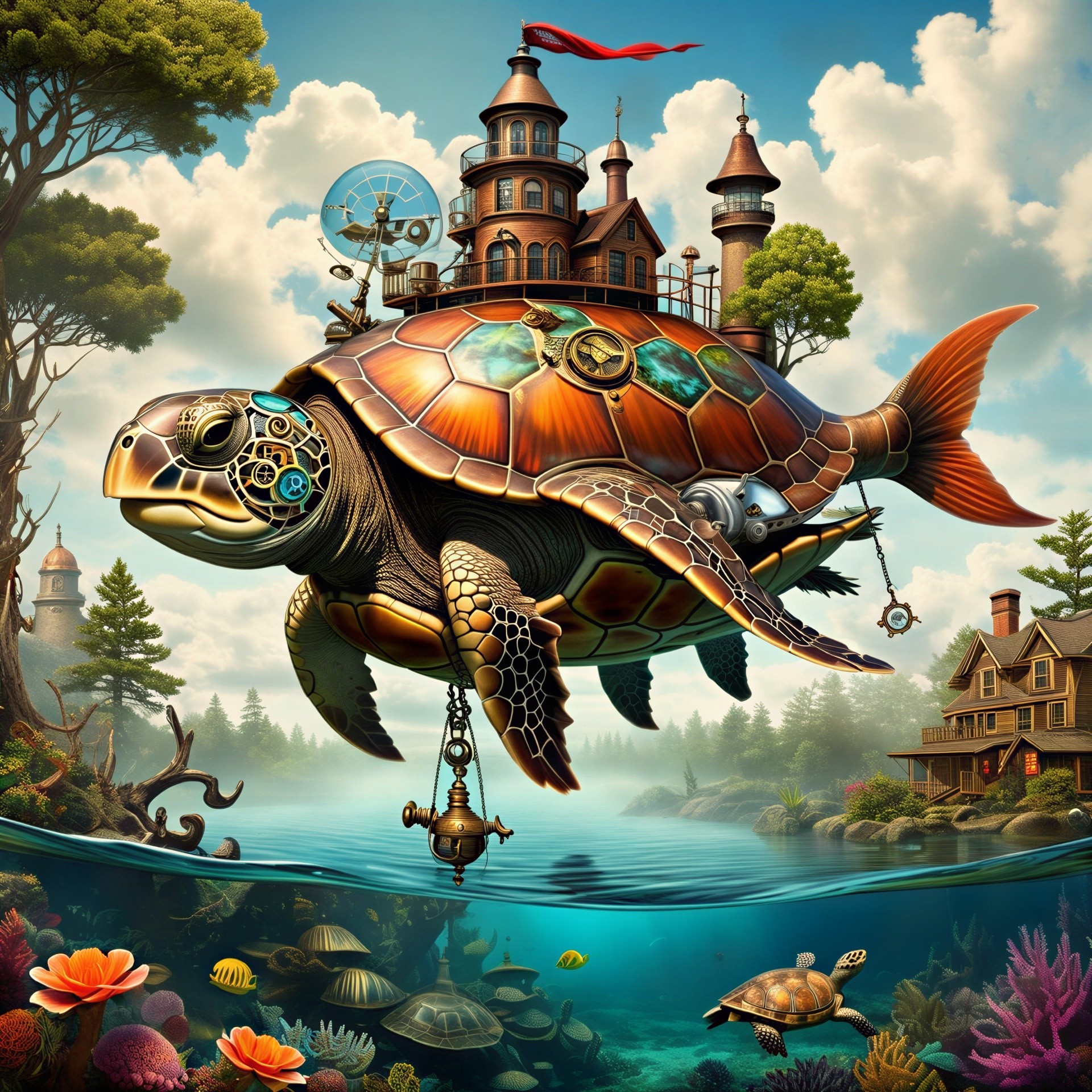 Giant turtle with steampunk castle in vibrant waters