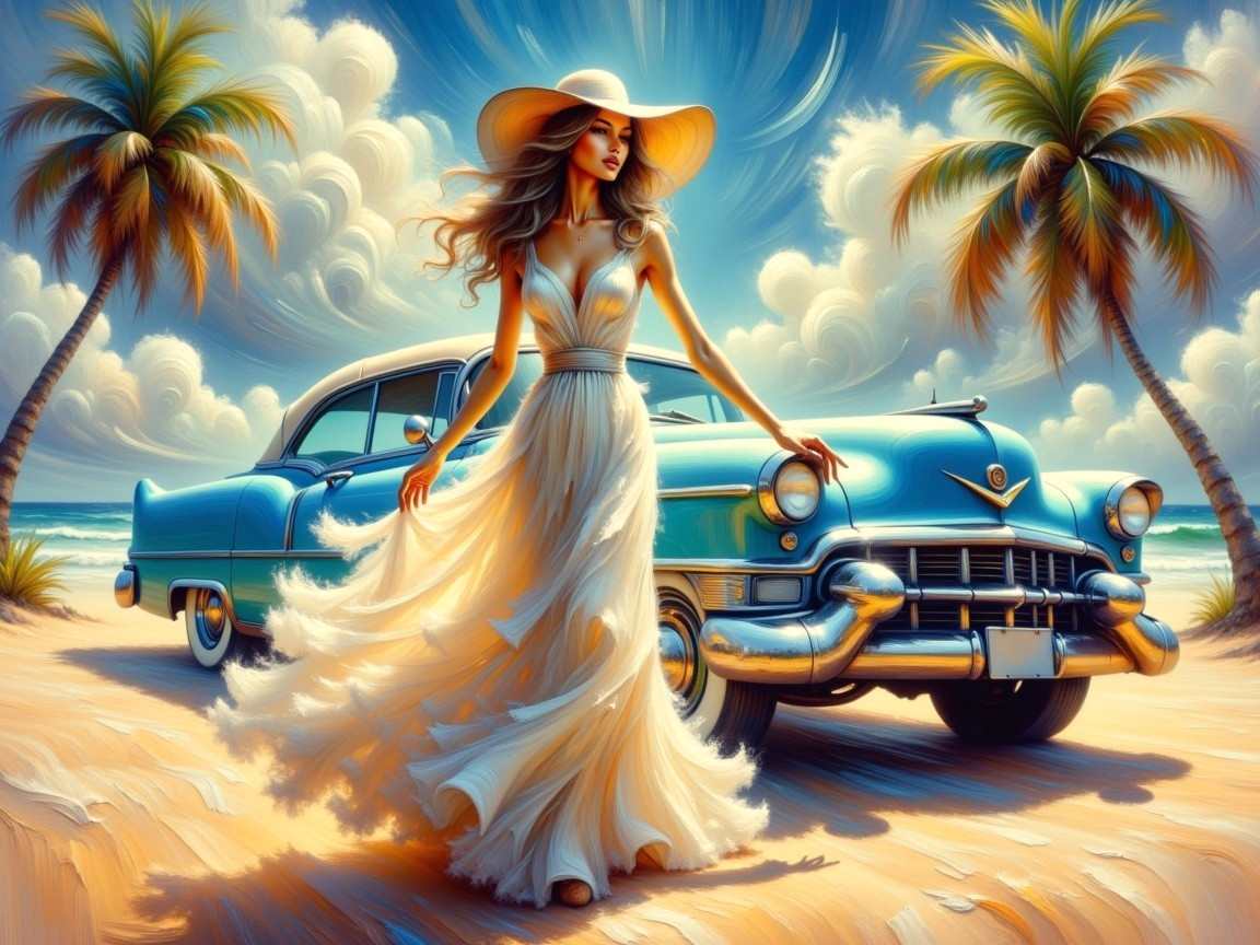 Stylish Woman in White Dress on Tropical Beach