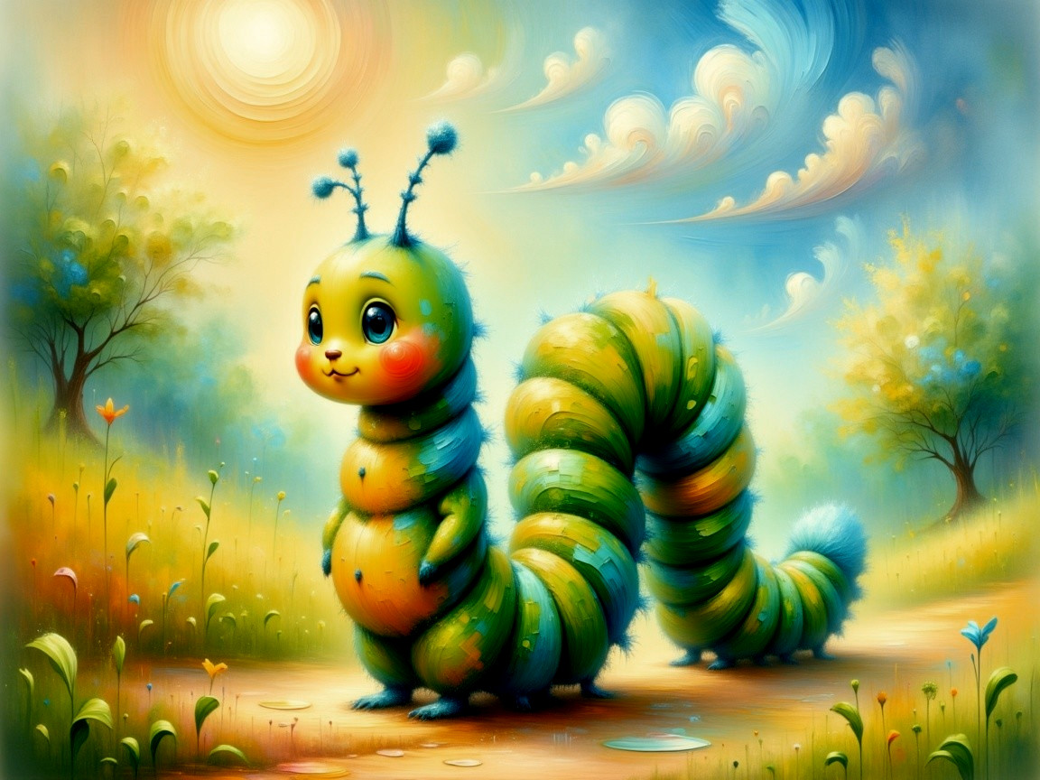 Whimsical Landscape with Colorful Caterpillar Character