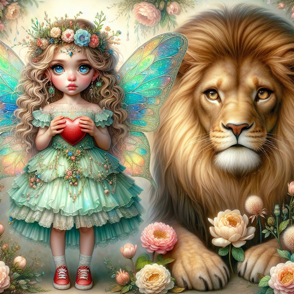 Whimsical Fairy Girl with Lion in Blooming Landscape