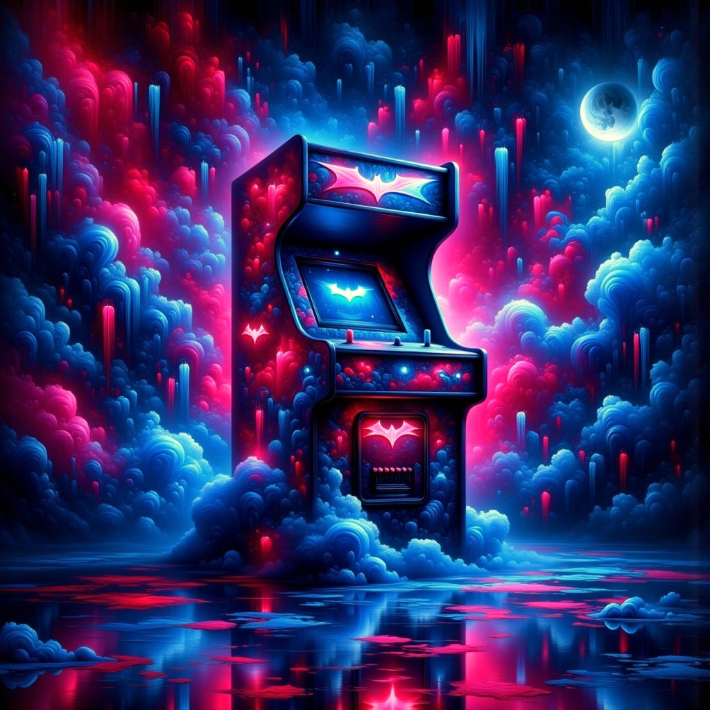 Neon Arcade Machine in Surreal Colorful Landscape