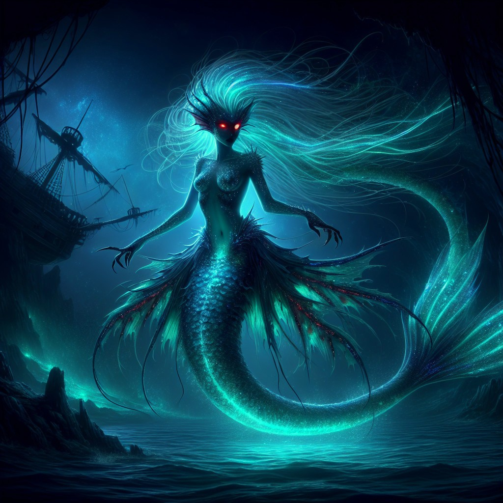 Underwater Scene Featuring a Mystical Mermaid and Shipwreck