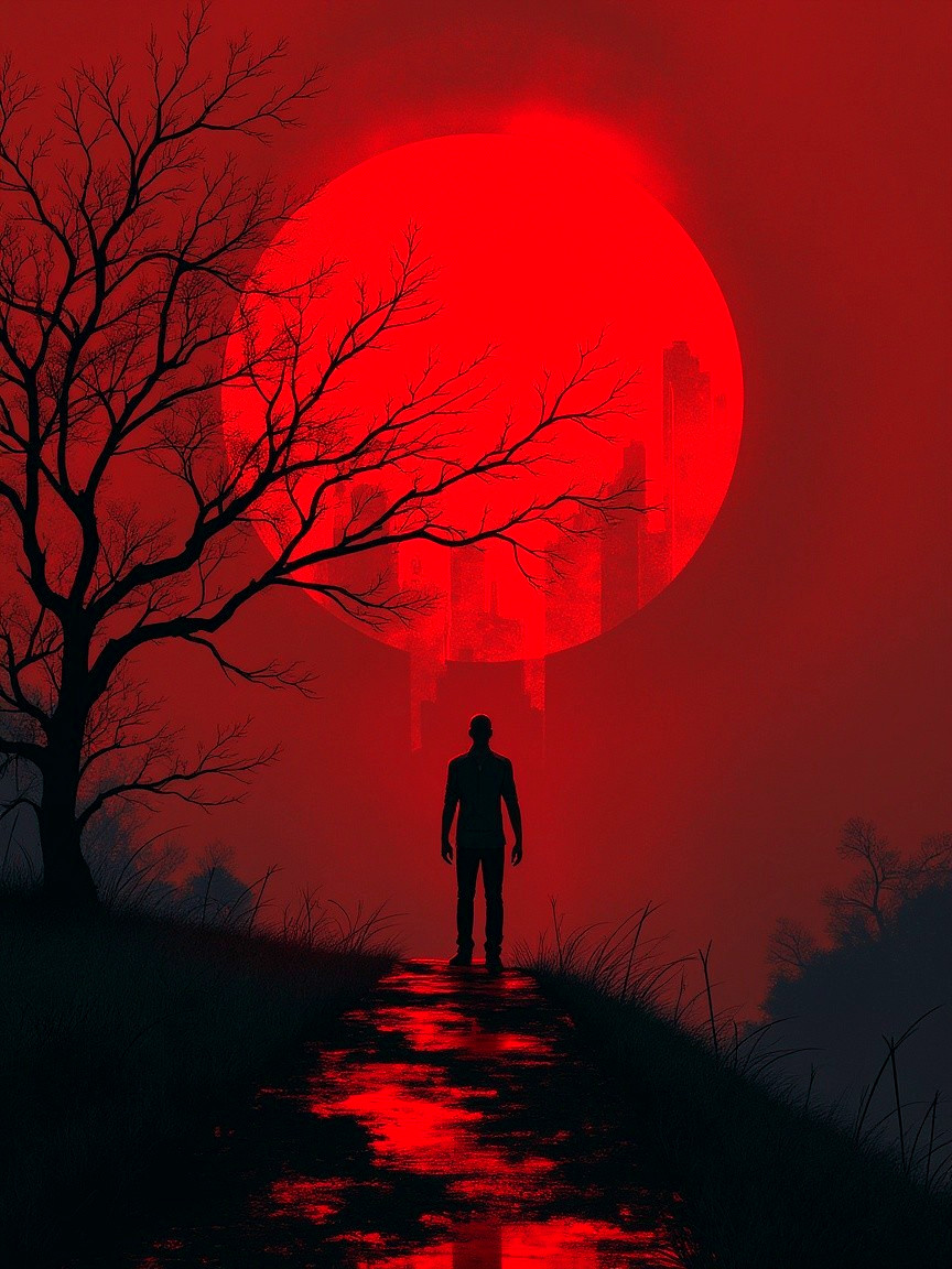 Solitary Figure Beneath a Massive Red Sun