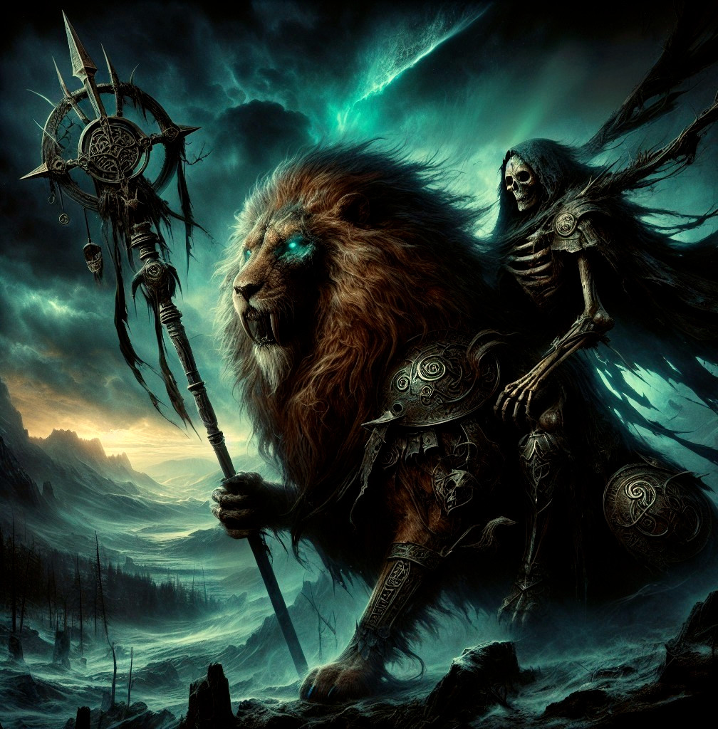 Majestic lion with skeletal rider in a dark landscape