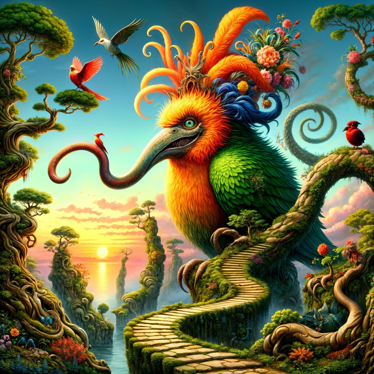 Colorful Bird and Whimsical Trees at Sunset