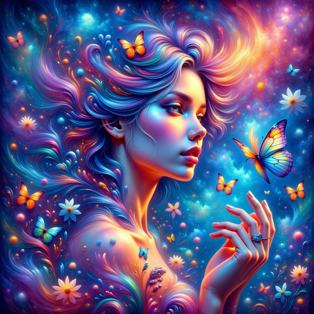 Cosmic Scene with Woman and Colorful Butterflies