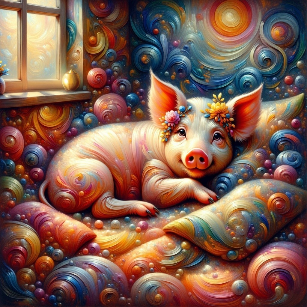 Whimsical Pig on Colorful Bed with Floral Accents