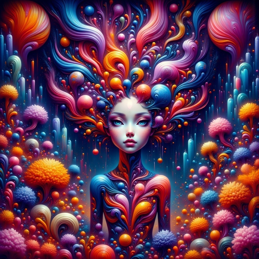 Surreal Luminous Figure Amidst Colorful Flora