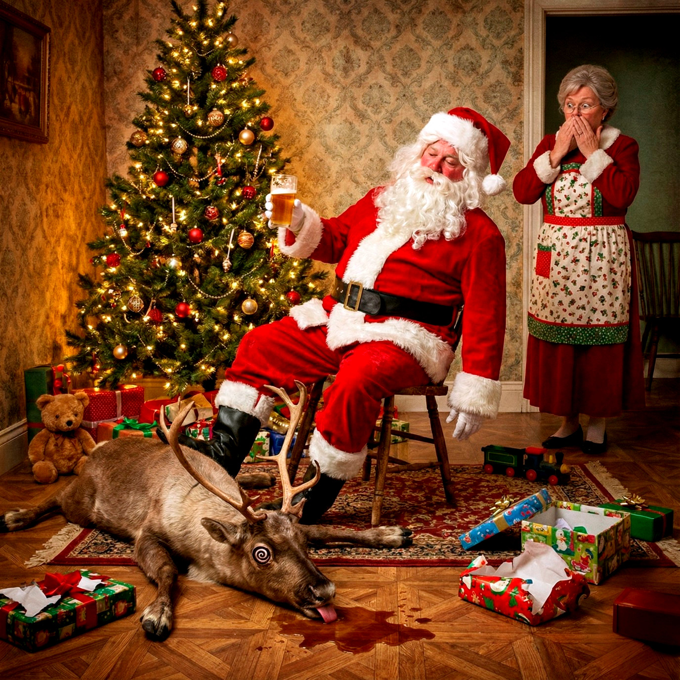 Santa Claus and Mrs. Claus in a festive indoor scene