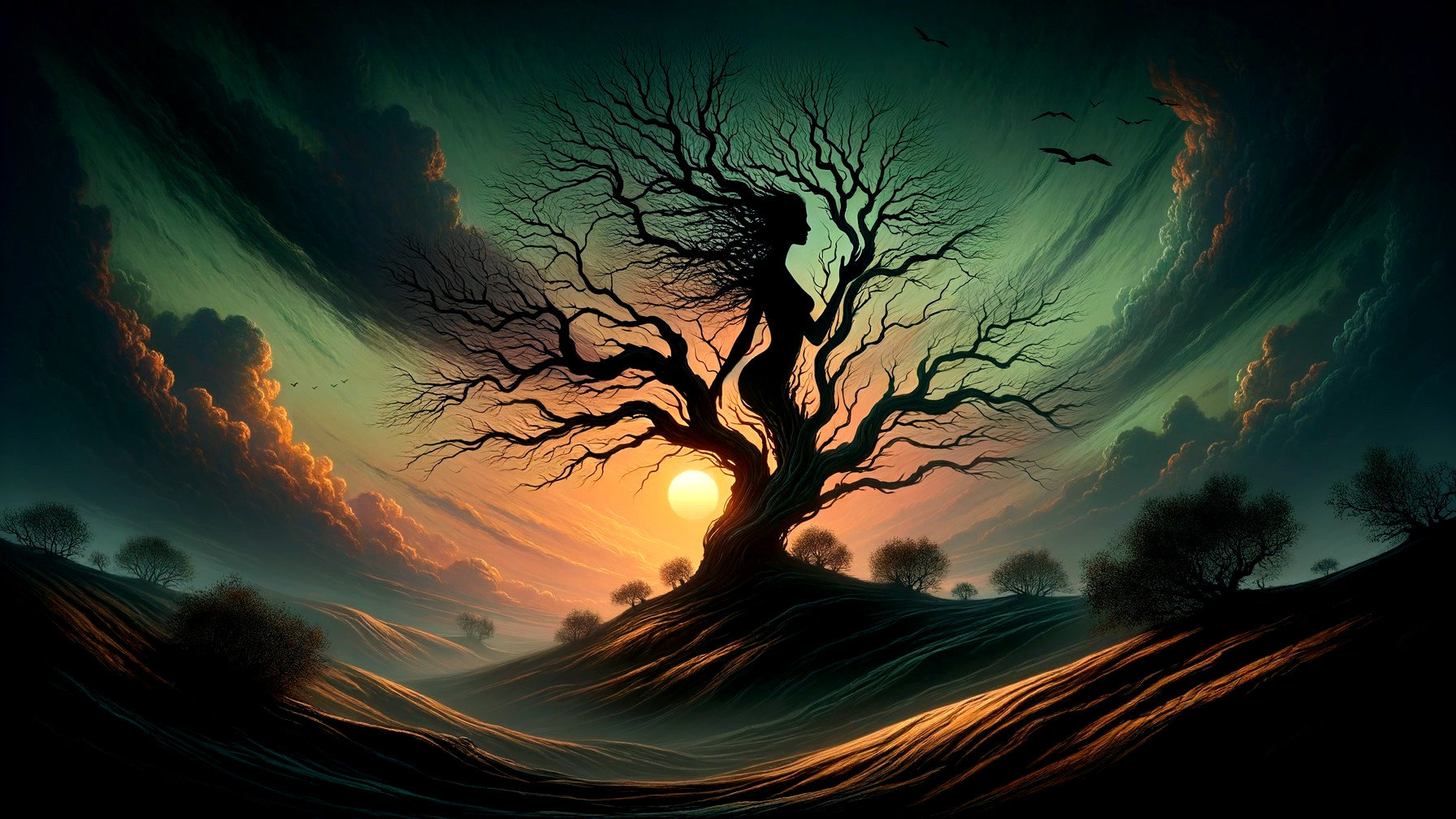 Surreal Landscape with Intertwined Tree and Sunset