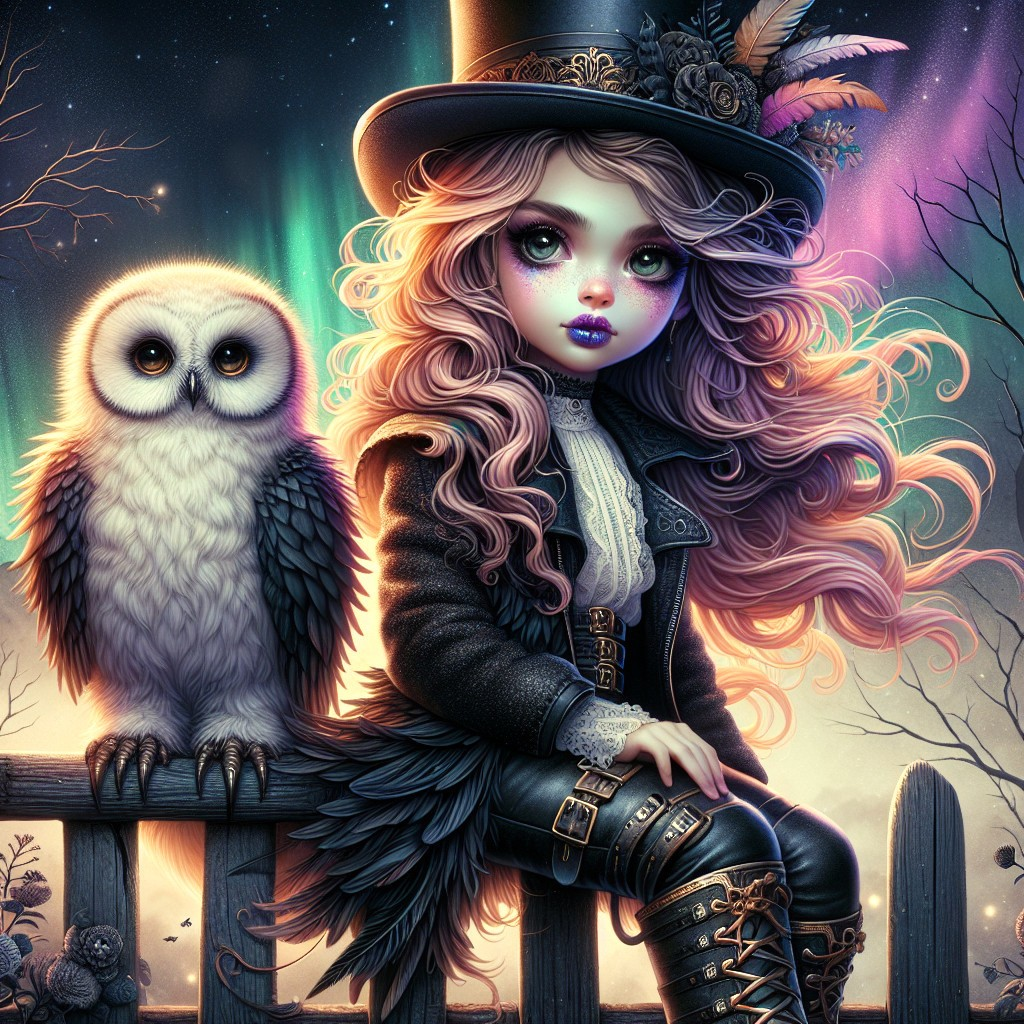 Whimsical Girl with Owl Under Vibrant Aurora Sky