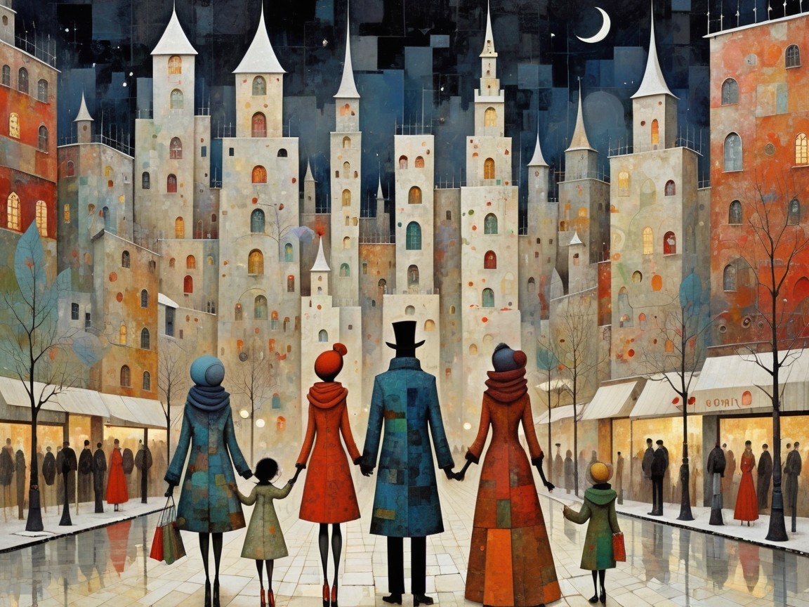 Surrealist Nighttime Cityscape with Family of Four