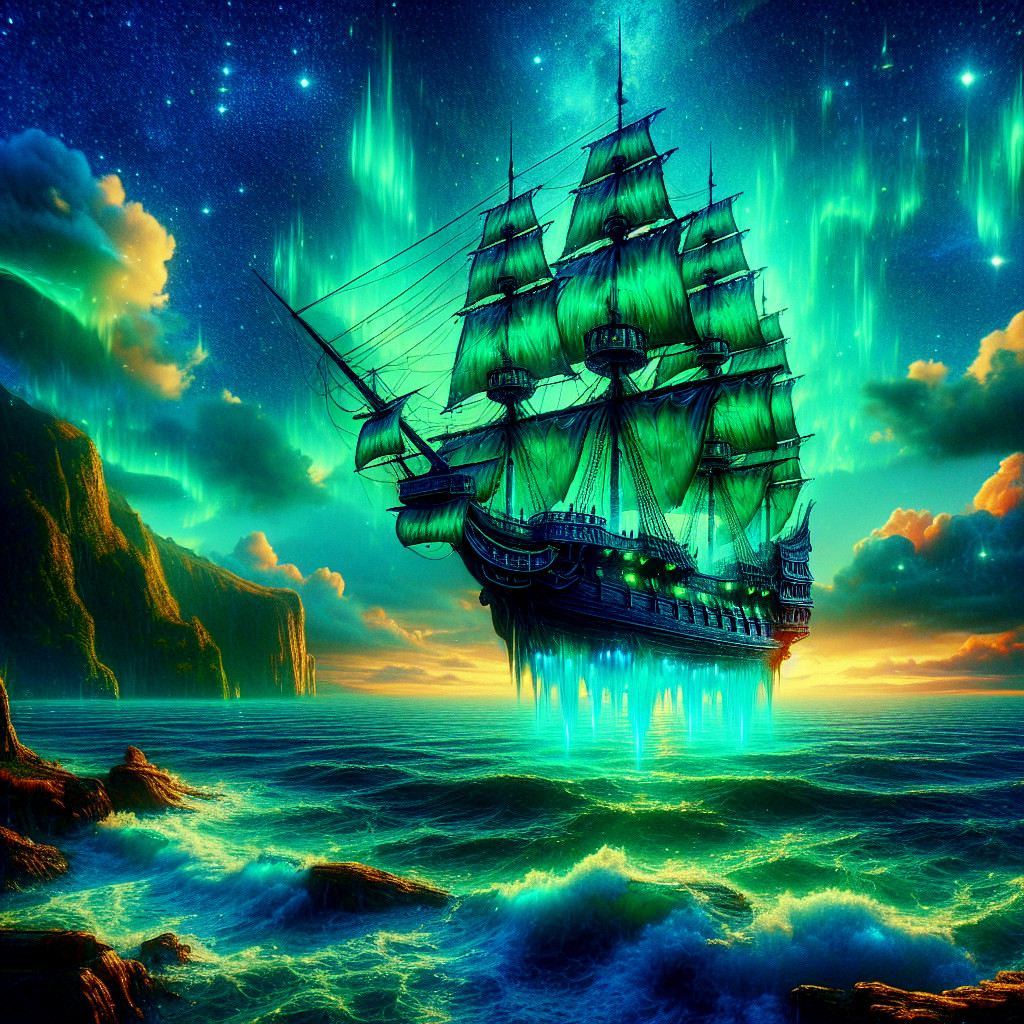 Illuminated Ship in Vibrant Waters Under Auroras