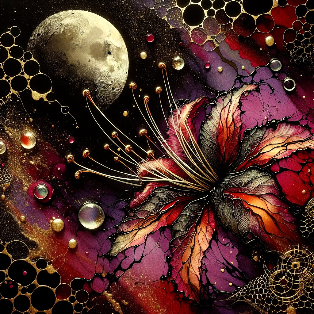 Vibrant Cosmic and Floral Artwork with Celestial Elements