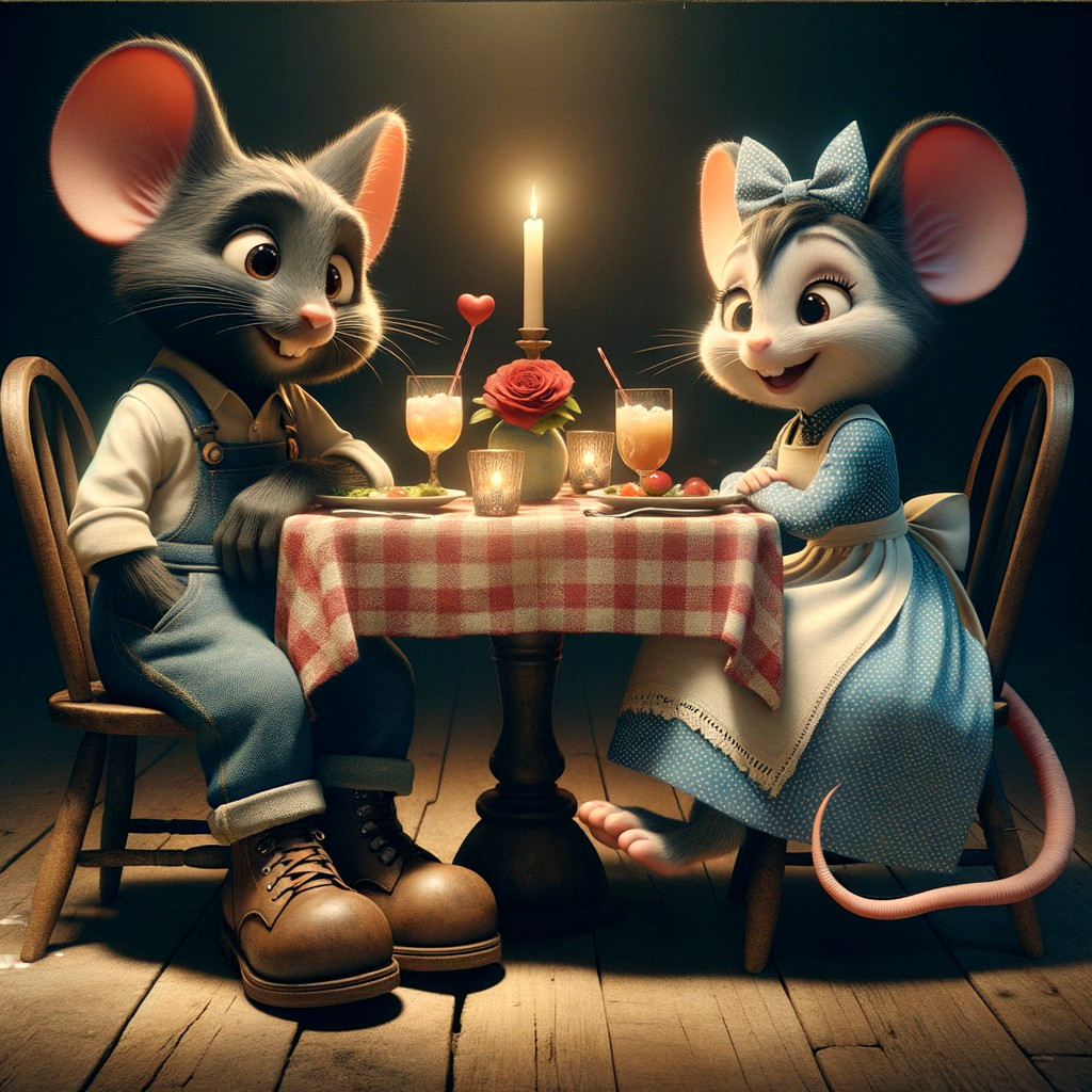Animated Mice at Candlelit Dinner with Romantic Decor