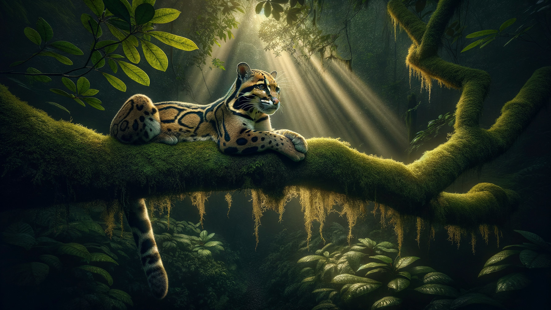 Ocelot Relaxing on Mossy Branch in Jungle Setting
