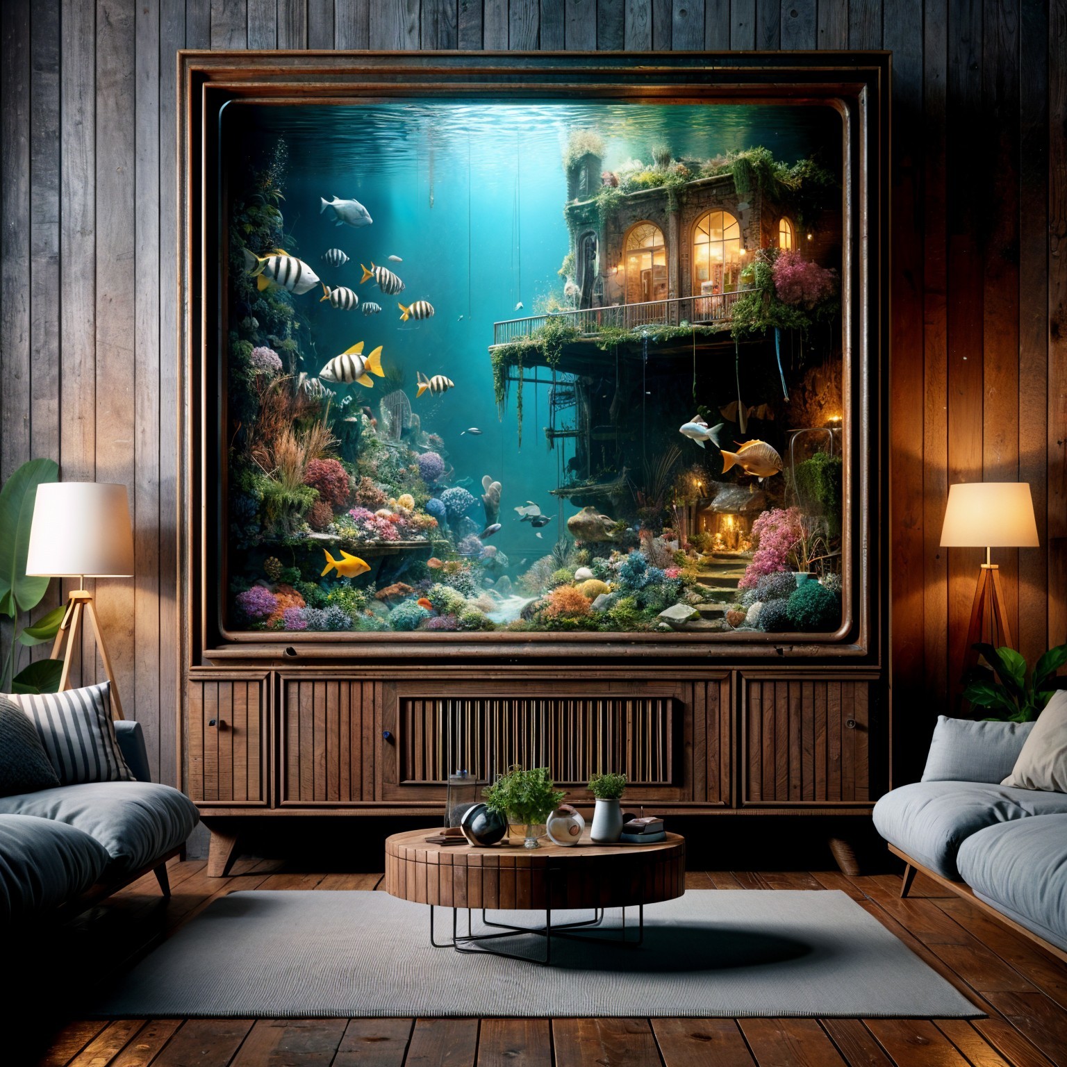 Cozy Rustic Living Room with Vibrant Aquarium