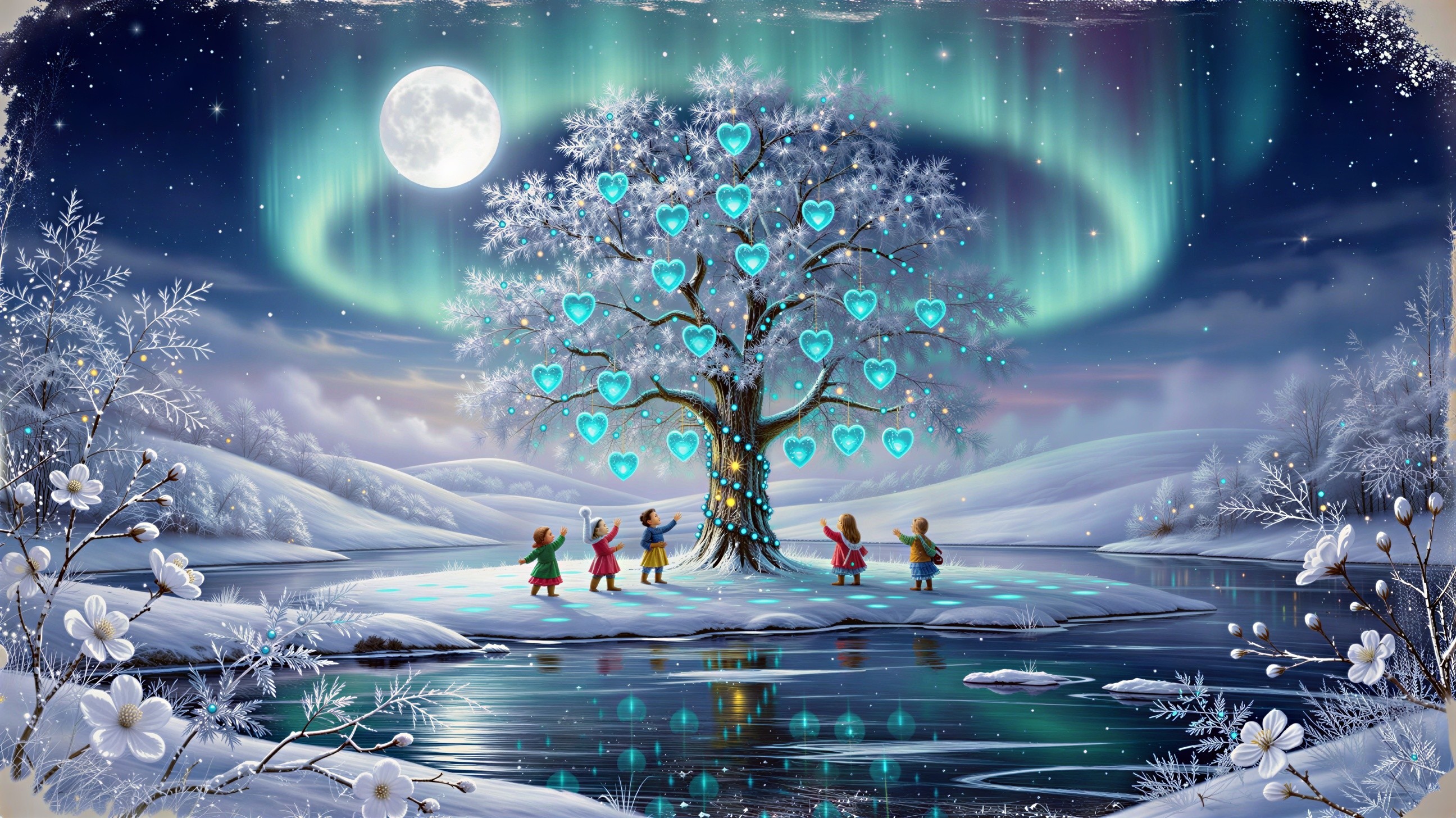 Magical Winter Night Scene with Lanterns and Aurora