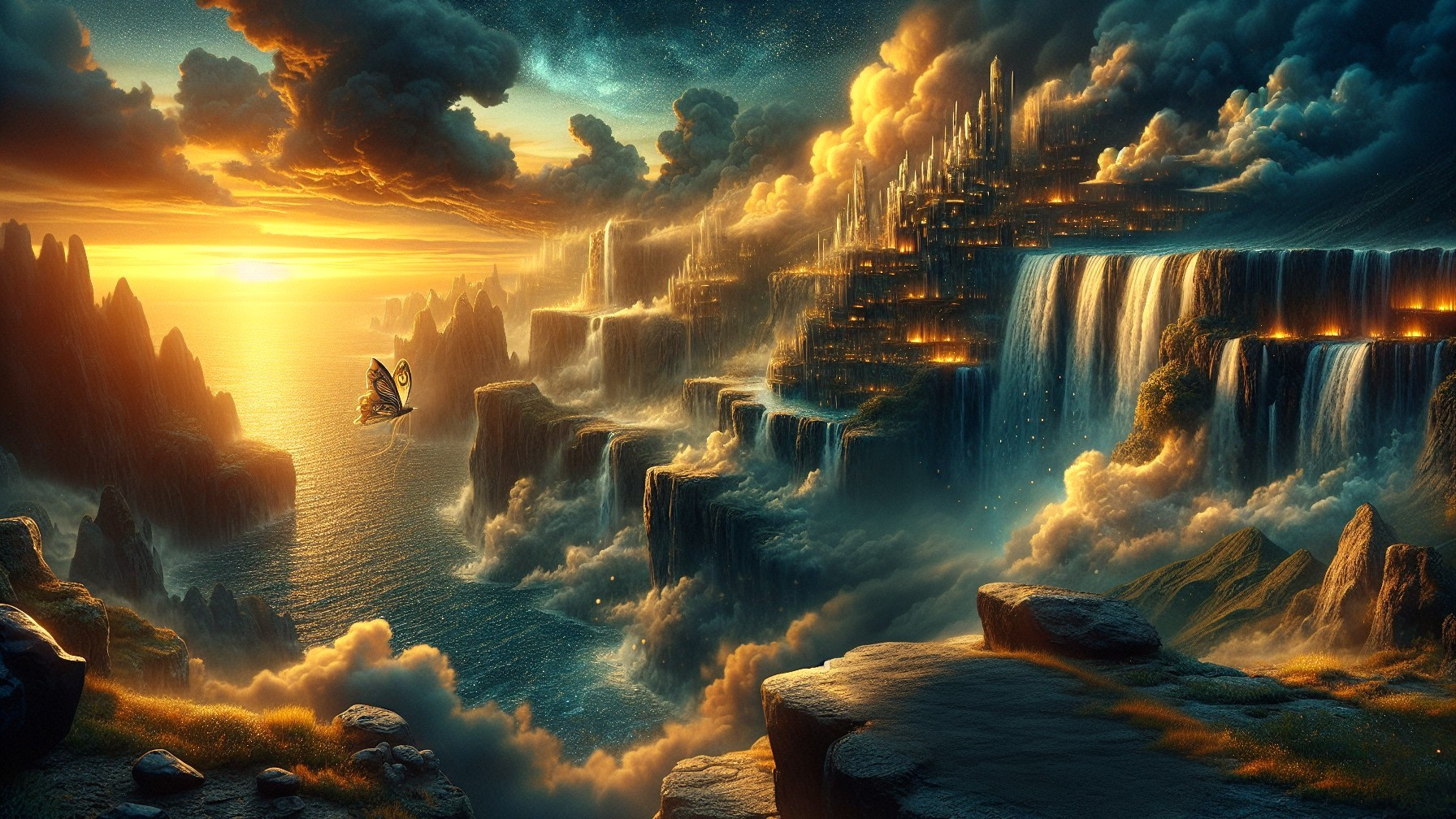 Sunset Landscape with Waterfalls and Floating Cities