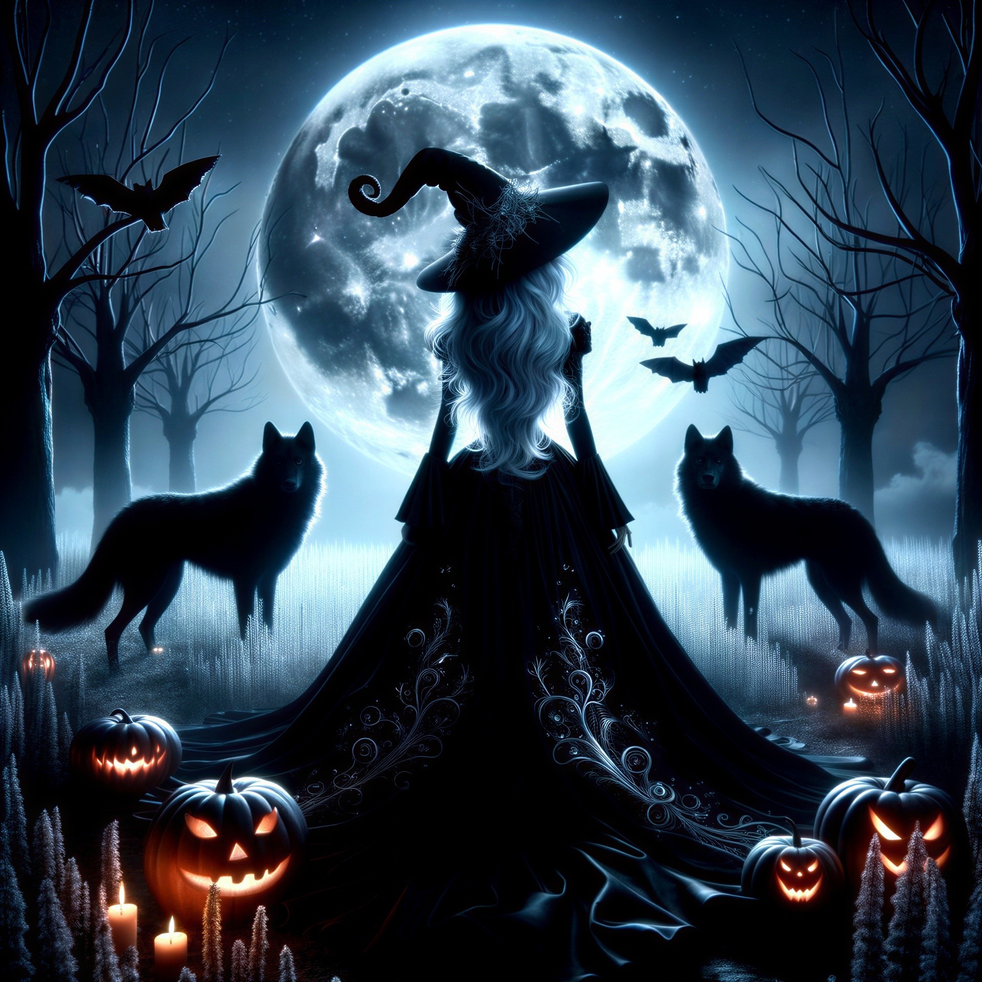 Mystical witch in moonlit forest with glowing pumpkins