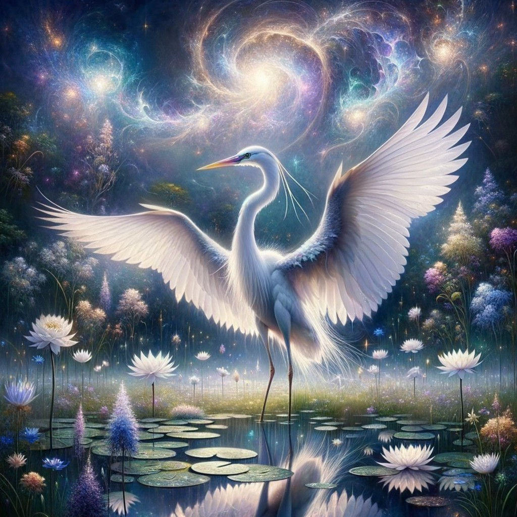 Majestic white crane in a surreal cosmic landscape